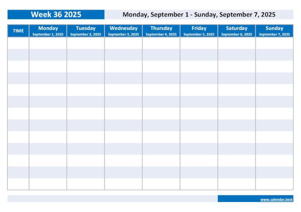 Organize your weekly schedule with our Week 36 2025 calendar. Week 36 2025 from September 1st, 2025 to September 7, 2025, weekly calendar to print.
