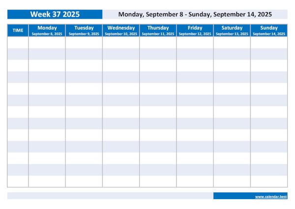 Organize your weekly schedule with our Week 37 2025 calendar. Week 37 2025 from September 8, 2025 to September 14, 2025, weekly calendar to print.