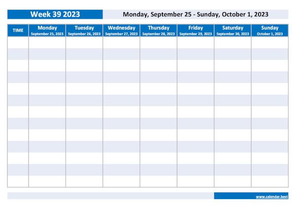 Organize your weekly schedule with our Week 39 2023 calendar. Week 39 2023 from September 25, 2023 to October 1, 2023, weekly calendar to print.