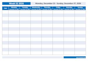 Weekly calendar to print: week 52 2026.