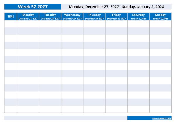 Weekly calendar to print: week 52 2027.