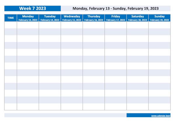 Week 7 2023 from February 13, 2023 to February 19, 2023, weekly calendar to print.
