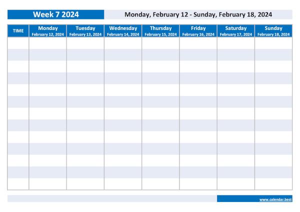Organize your weekly schedule with our Week 7 2024 calendar. Week 7 2024 from February 12, 2024 to February 18, 2024, weekly calendar to print.