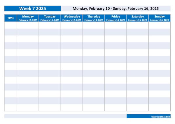 Week 7 2025 from February 10, 2025 to February 16, 2025, weekly calendar to print.