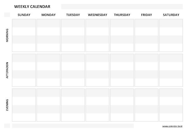 Weekly calendar to download for free in pdf or jpg, 7 days version, A4 landscape format, white template. Weekly calendar printable (white template)