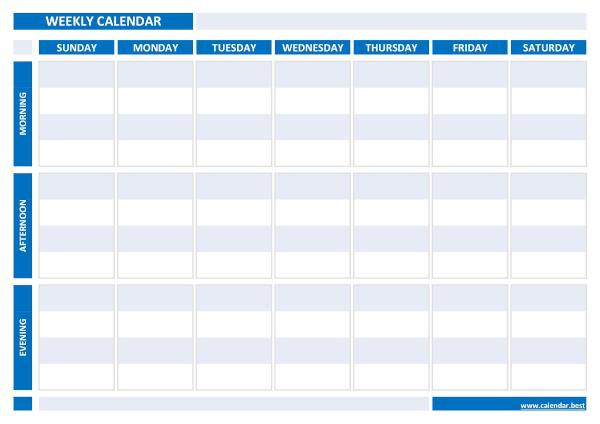 Weekly calendar to download for free in pdf or jpg, 7 days version, A4 landscape format, blue template. Weekly calendar printable (blue template)