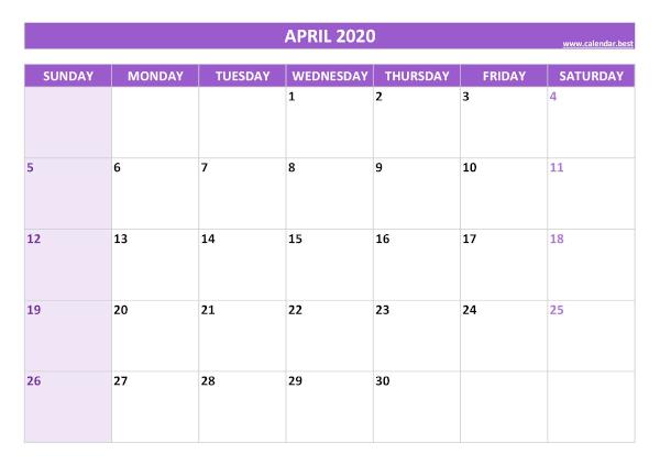 Monthly calendar with holidays : April 2020