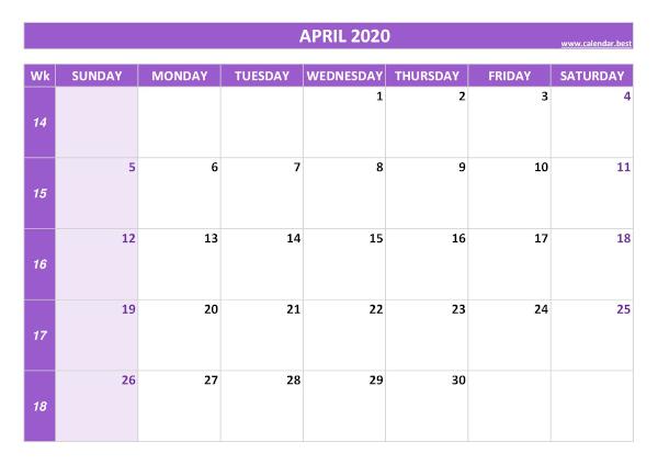 Monthly calendar with week : April 2020