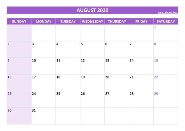 Blank monthly calendar : August 2020