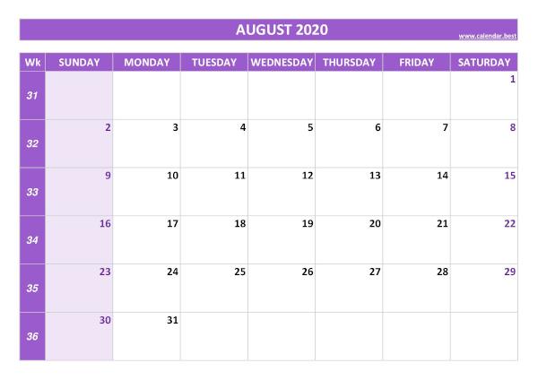 Monthly calendar with week : August 2020