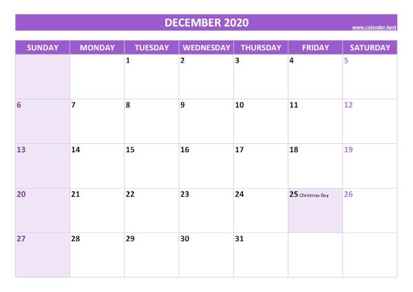 Monthly calendar with holidays : December 2020