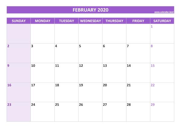 Blank monthly calendar : February 2020