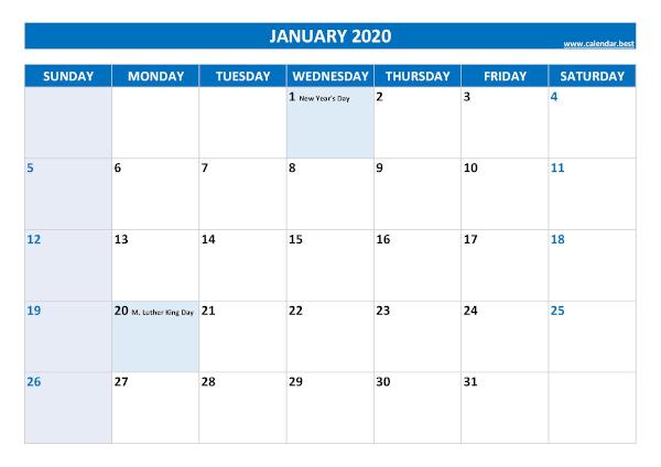 Monthly calendar with holidays : January 2020