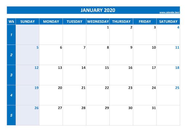 Monthly calendar with week : January 2020