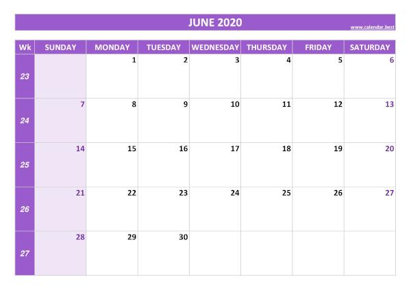 Monthly calendar with week : June 2020