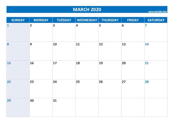 Monthly calendar with holidays : March 2020