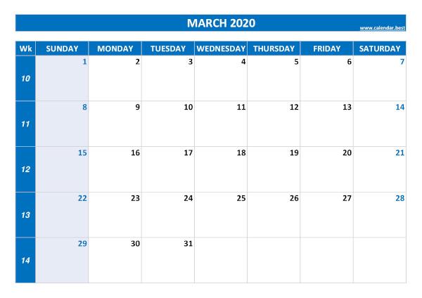 Monthly calendar with week : March 2020