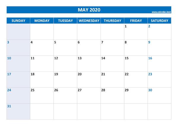Blank monthly calendar : May 2020