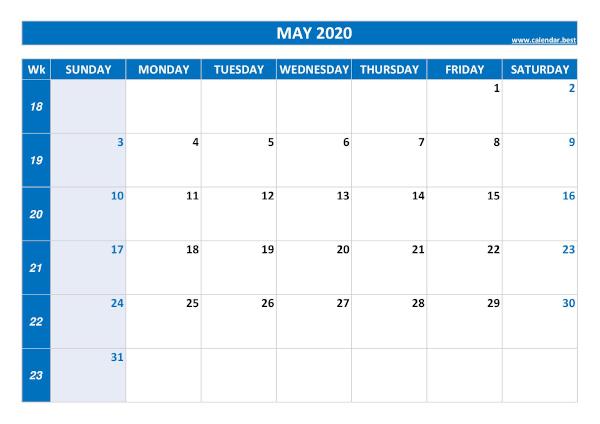 Monthly calendar with week : May 2020