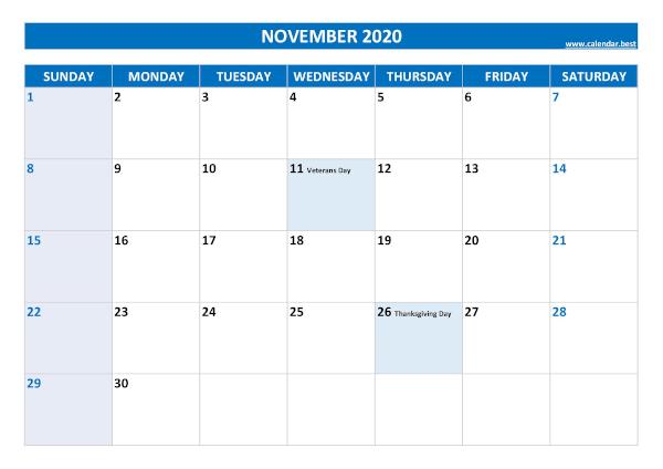 Monthly calendar with holidays : November 2020