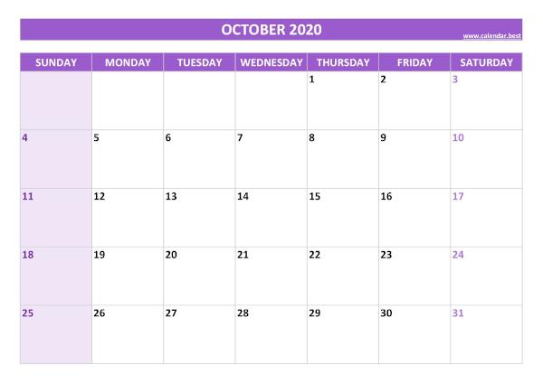 Blank monthly calendar : October 2020