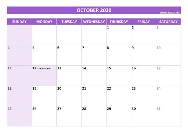 Monthly calendar with holidays : October 2020