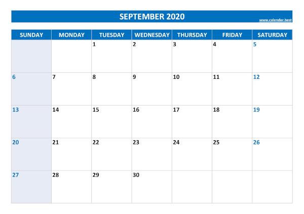 Blank monthly calendar : September 2020