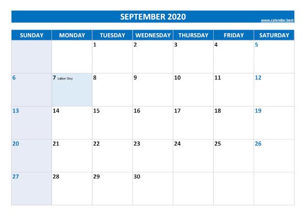 Monthly calendar with holidays : September 2020