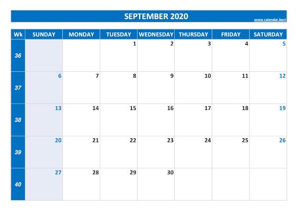 Monthly calendar with week : September 2020