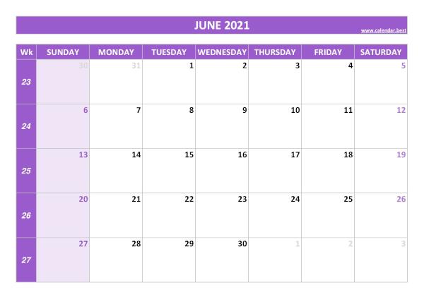 June 2021 calendar with weeks