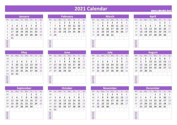 Calendar 2021 with week numbers