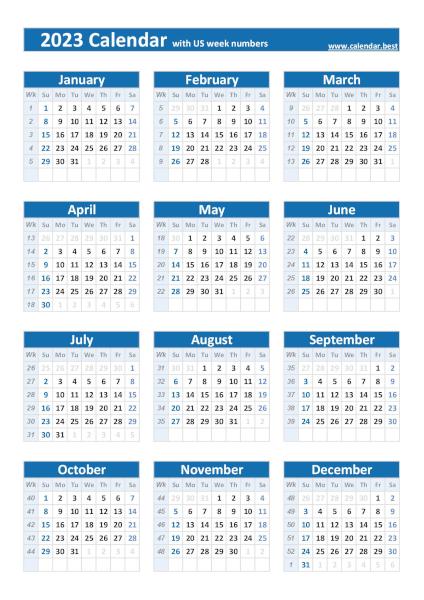 2023 calendar with US weeks, blue template