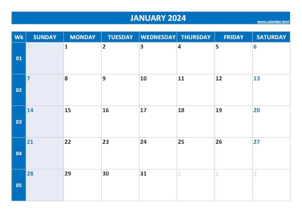 Monthly calendar with week number for the month of January 2024