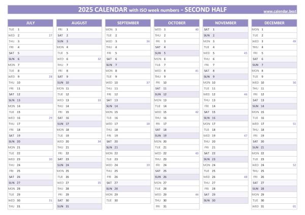 Second half year calendar 2025 with ISO week numbers