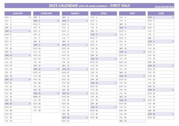 First half year calendar 2025 with US week numbers