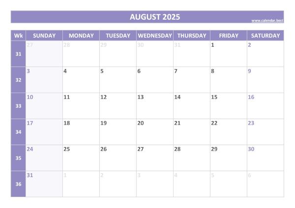 August calendar 2025 with week numbers