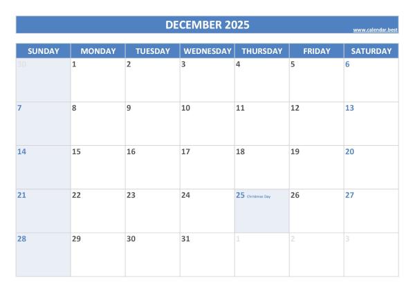 December calendar 2025 with holidays