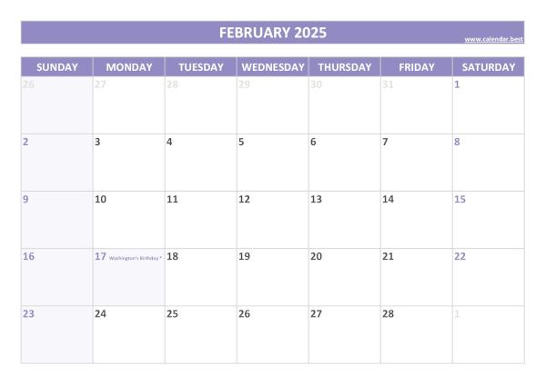 February 2025 calendar with holidays
