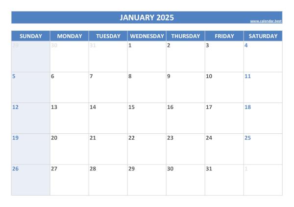 Monthly calendar for the month of January 2025