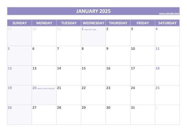 January calendar 2025 with holidays