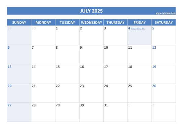 July calendar 2025 with holidays