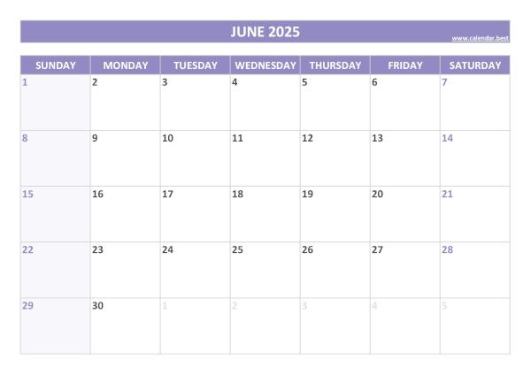June 2025 printable calendar