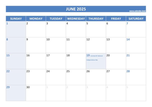 June calendar 2025 with holidays