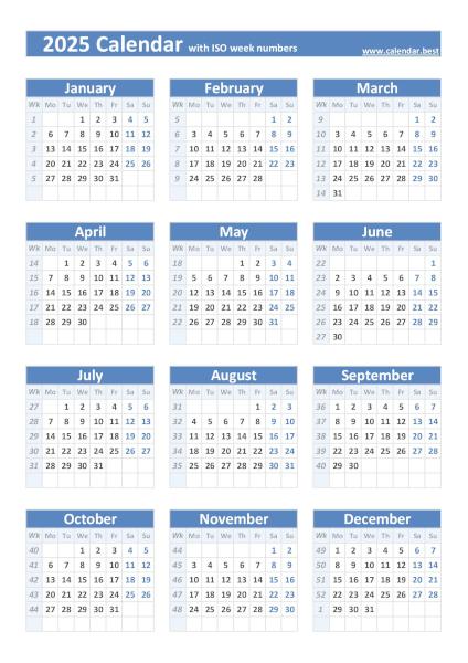 2025 calendar with ISO weeks, blue template