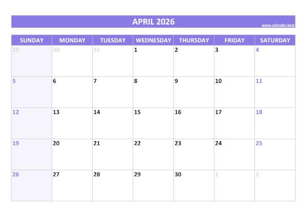 Monthly calendar printable, April 2026, purple template March 2026 printable calendar