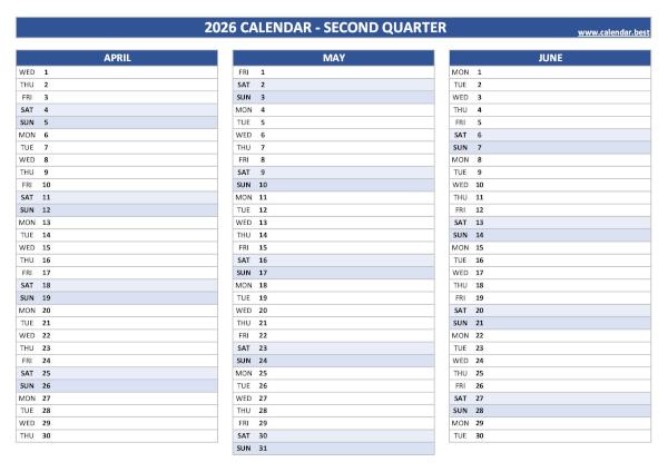 Printable quarterly calendar for April, May and June 2026 (Quarter NΒ°2), blank version, blue template, A4 landscape format Printable 2026 quarterly calendar for 2nd quarter 2026