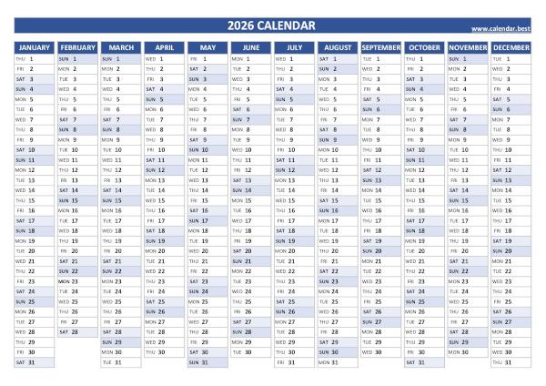 Printable 2026 annual calendar, free dowload in pdf or jpg, blue template. 2026 yearly calendar