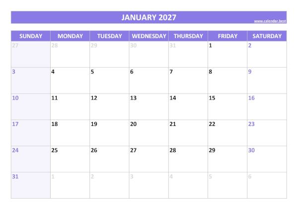 Monthly calendar printable, january 2027, purple template January 2027 printable calendar
