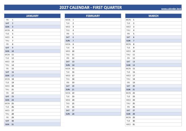 Printable quarterly calendar for January, February and March 2027 (Quarter NΒ°1), blank version, blue template, A4 landscape format Printable 2027 quarterly calendar for 1st quarter 2027