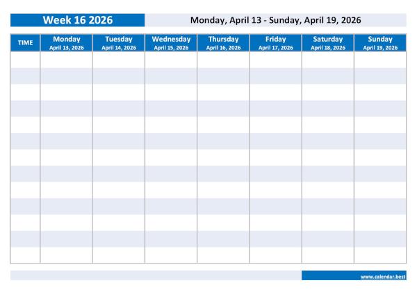 Organize your weekly schedule with our Week 16 2026 calendar. Week 16 2026 from April 13, 2026 to April 19, 2026, weekly calendar to print.